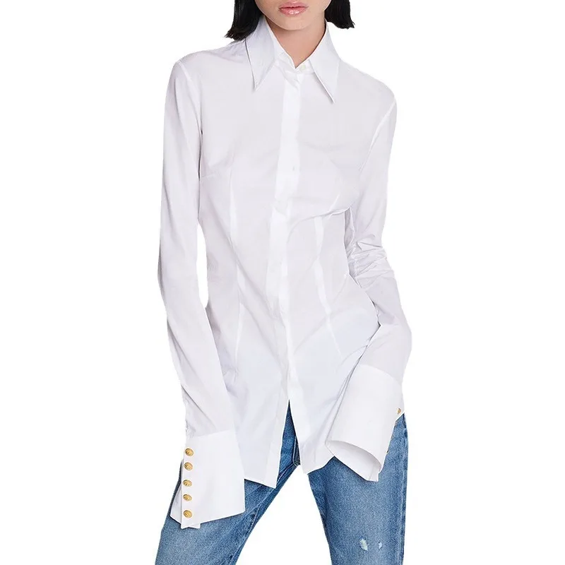 High-End Women's Fashion 2024 New White Bell Sleeve Long Sleeve Shirt Slim Fit Celebrity Style Simple Design Premium Quality