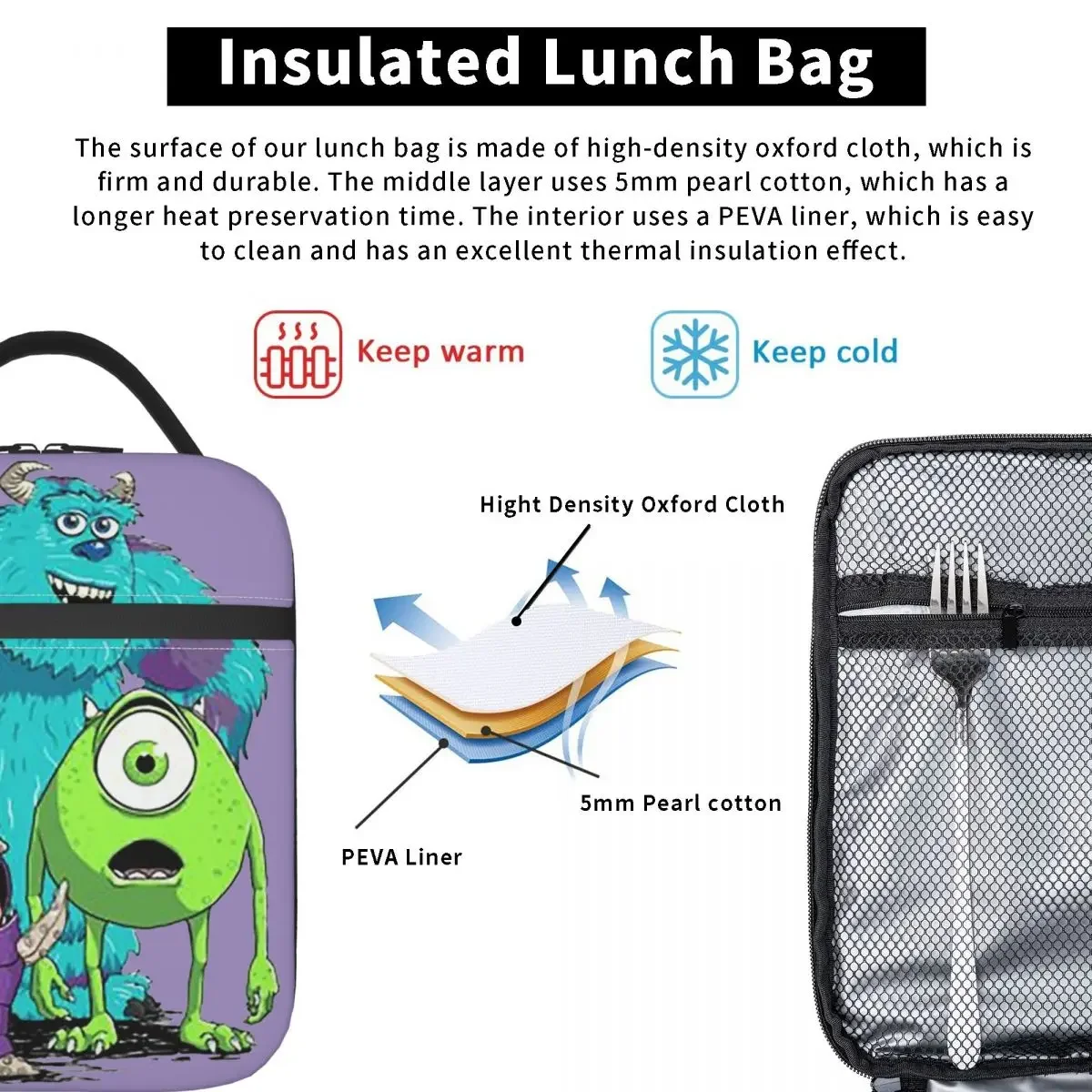 Monsters Inc University Sullivan Boo Insulated Lunch Bags Large Meal Container Cooler Bag Tote Lunch Box School Food Handbags