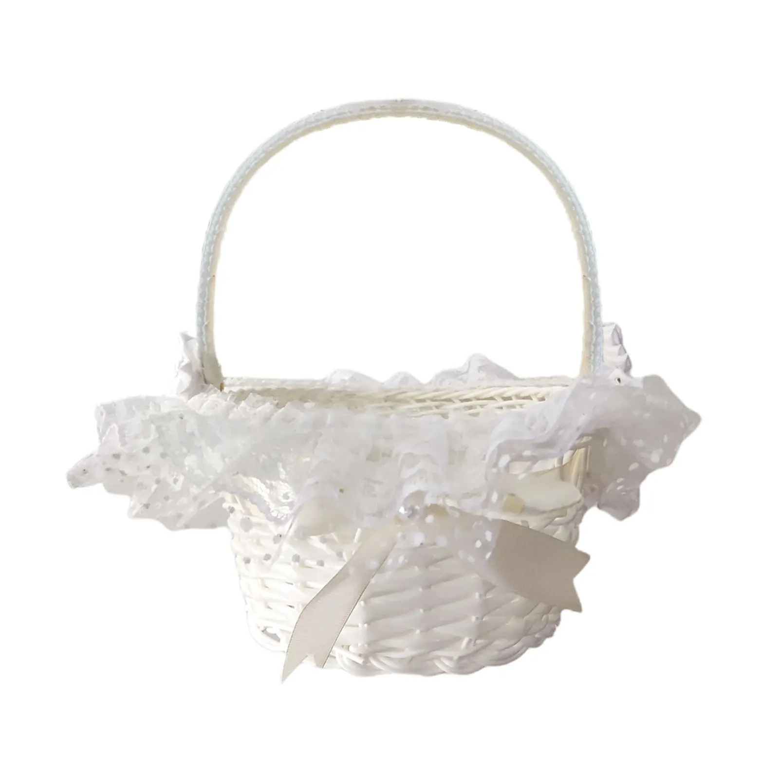 White Lace Flower Girl Basket Handheld Romantic Simulation Rattan Baskets Wedding Party Home Decoration