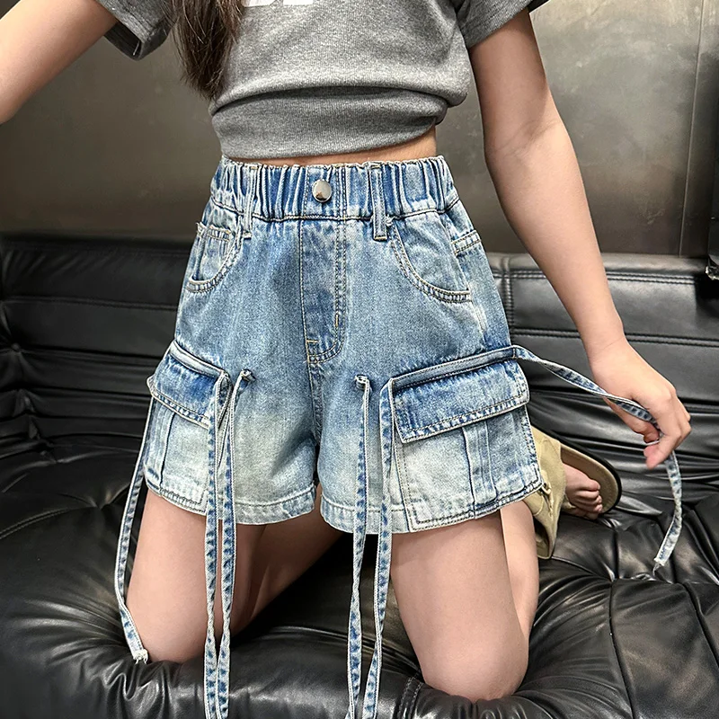 Fashion Kids Streetwear Fringe Jeans Shorts for Tweens Girls New Summer Denim Cargo Shorts with Pocket Child Hip Hop Mini Pants