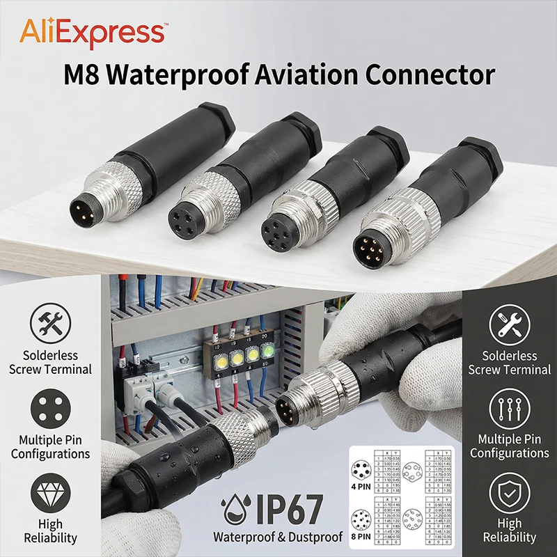 

Водонепроницаемые прямые разъемы M8 с винтовым соединением, металлические, с кодом A, 3/4/5/6/8-контактные, без пайки, IP68