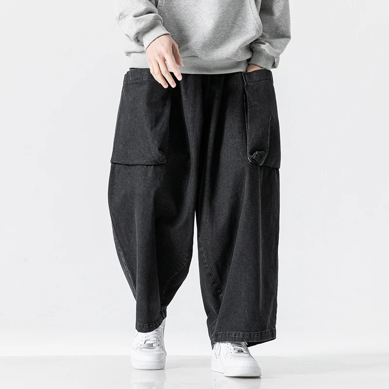 

Fashion Jeans Men Loose Wide Leg Pants Male Vintage Elastic Waist Cargo Jean Pants Hip Hop Big Pocket Streetwear Trousers