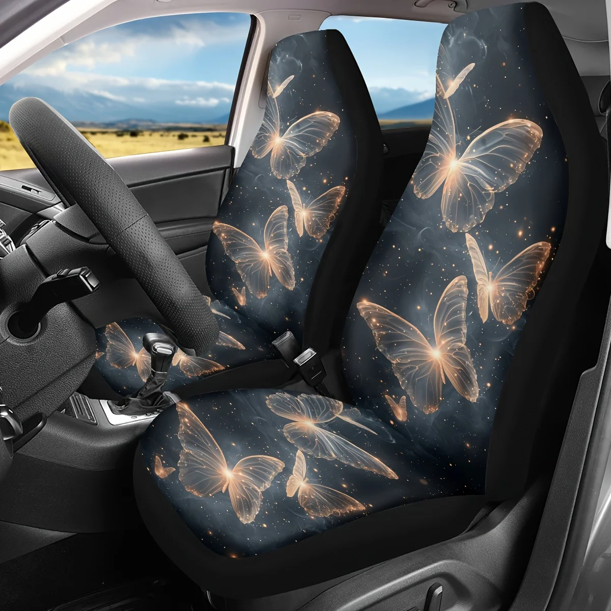 2pcs Glowing Butterflies Print Car Seat Covers, For Women And For Man, Universal Auto Front Seats Protector Fits For Car, SUV Se