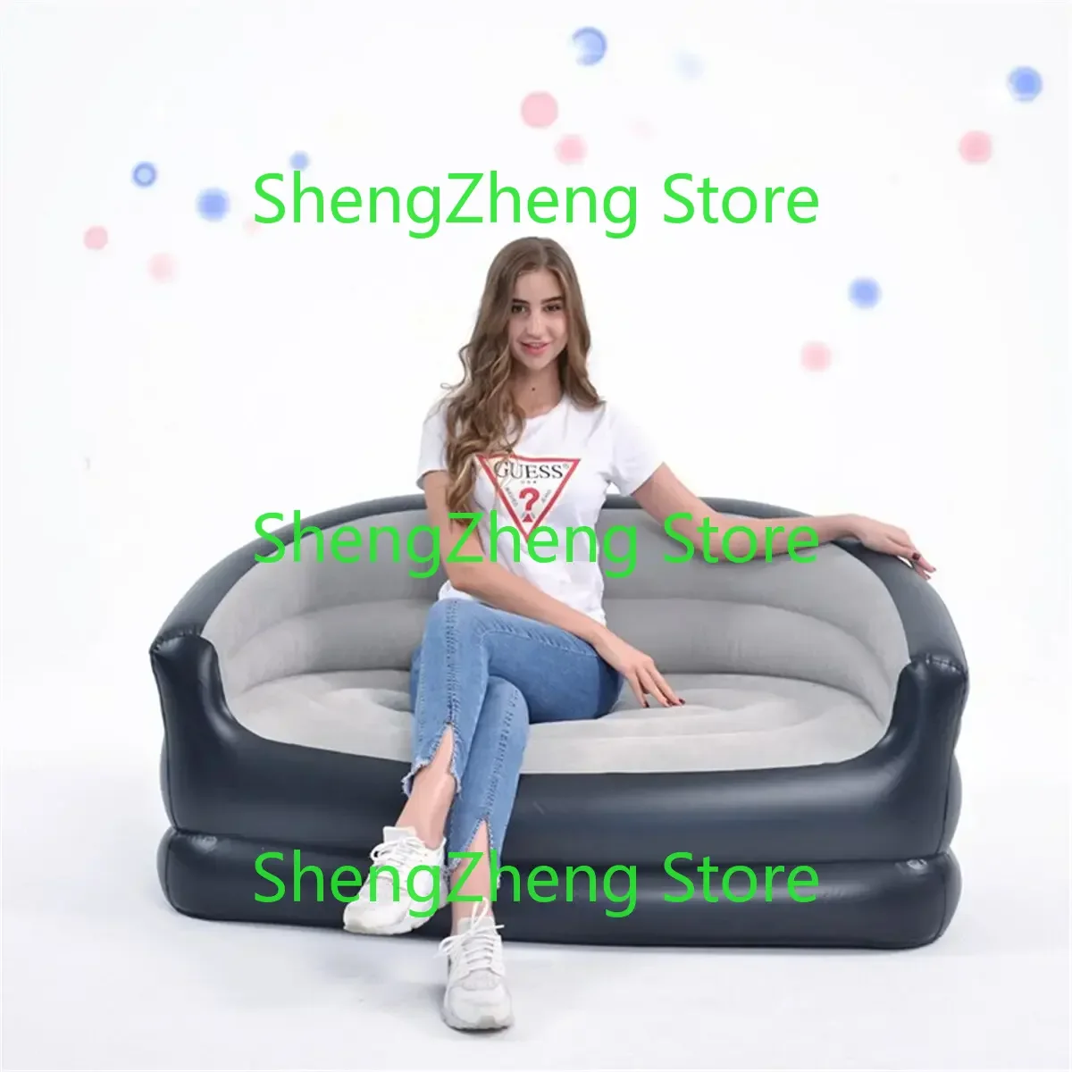 54 x 34 x 28in Inflatable Double Sofa Couch Flocked Bed Mattress Home Lounge