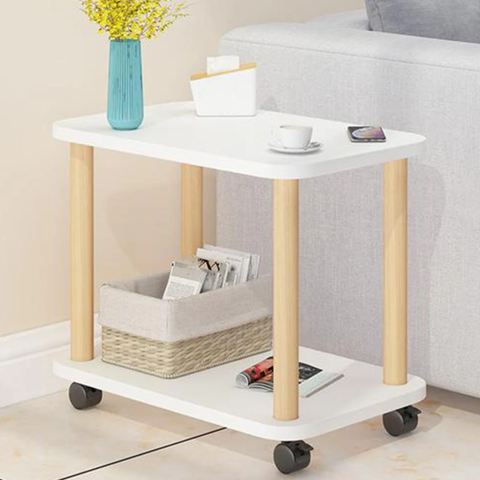 Rectangle Side Table Modern Style Small Coffee Table Living Room Portability Household Compact Tea Table 2-Tier Storage Shelf