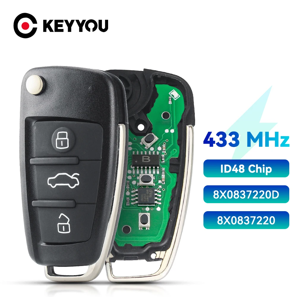 KEYYOU 8X0837220D 아우디 A1 S1 Q3 2010 2011 2012 2013 2014 2015 2016 2017 플립 리모컨 자동차 키 컨트롤 434MHz ID48 HU66 폴딩 키