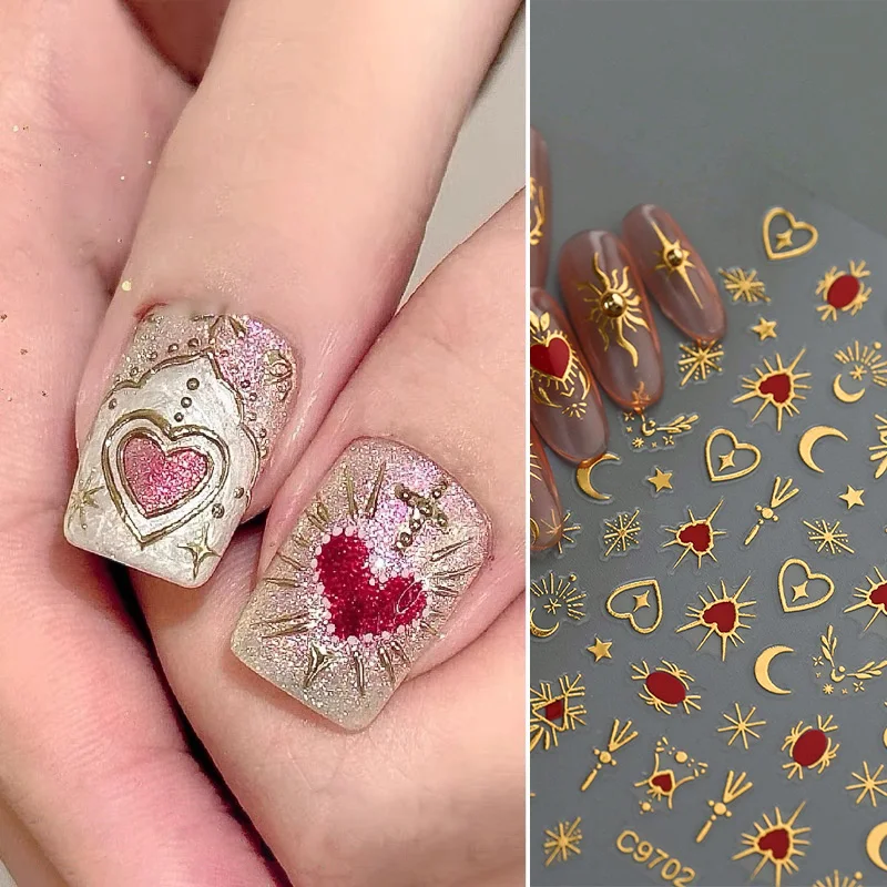 

3D Star Moon Red Heart Nail Stickers 10*8cm Bronzing Silver Gold Exotic Totem Nail Art Sticker Adhesive Slider DIY Manicure Deco