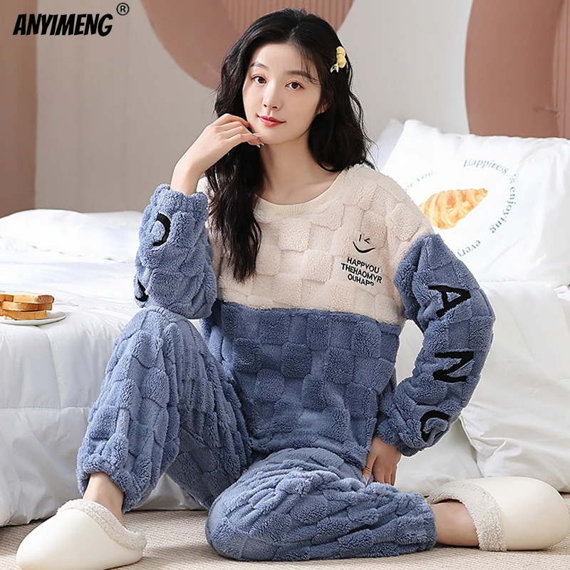 Winter M-5XL Women Jacquard Thermal Plus Size Pajamas Soft Plush Teddy Sleepwear for Girl Pullover Thick Pijama Casual Nightwear