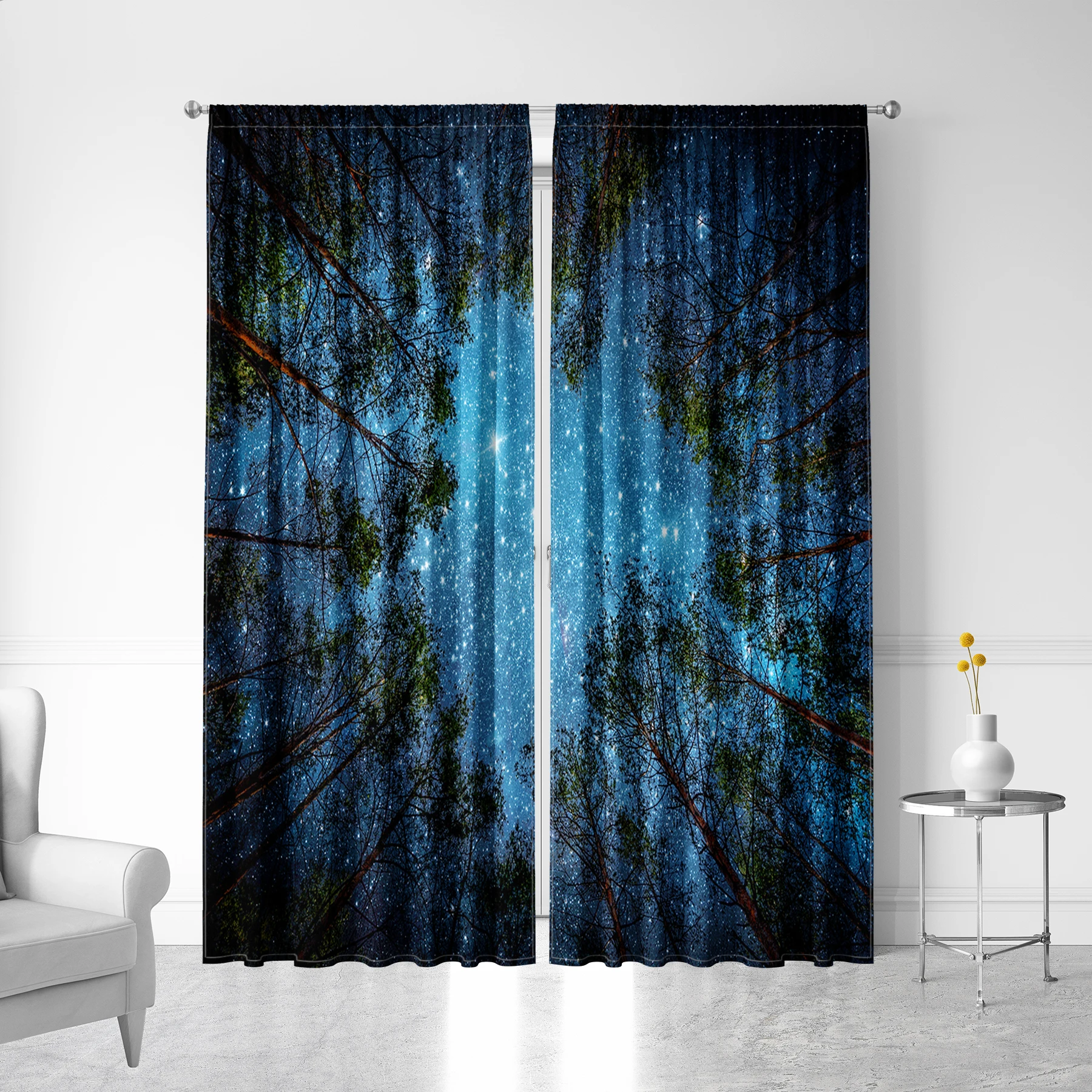 2PC Home Decoration Curtains, Dark Blue Forest Night View, City Night View Pattern Decoration Background, Modern Printed Curtain