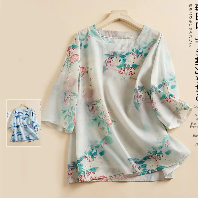 

Summer round Ne Flax Print T-irt Thin Large Size Women's Retro Slimming mid Sve Linen Casual Top Comfortable Loose Fit