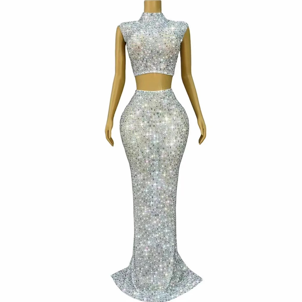 

Luxury Elegant Pure white Evening Gown Blingbling Silver Rhinestones Split Set Wedding Red Carpet Perform Photoshoot Costume