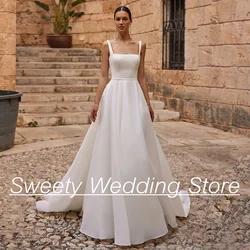 A Line Organza Wedding Dresses for Woman Bride Square Neck Sleeveless Sweep Train Backless Vestidos De Novia Bridal Gowns
