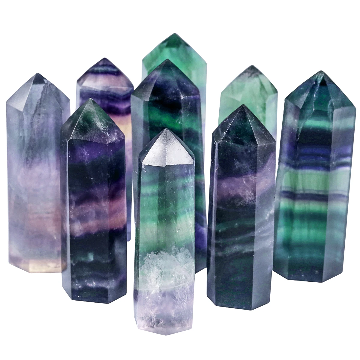 2pcs Natural Fluorite Crystal Hexagonal Points Wand Decoration ,Self Standing Gemstone Prism For Luck Reiki Chakra Meditation