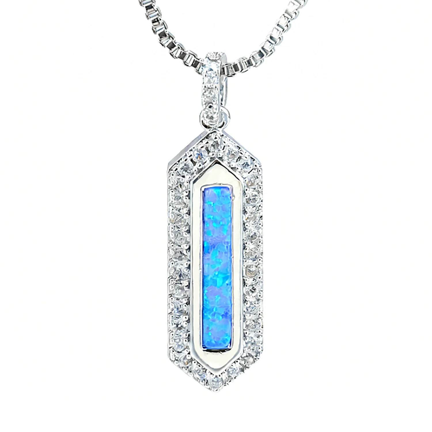 Blue Violet Opal and Zirconia Necklace,Rectangle Opal Pendant on Chain,Fashion Elegant Jewelry Gift for Her,Fine Women's Pendant