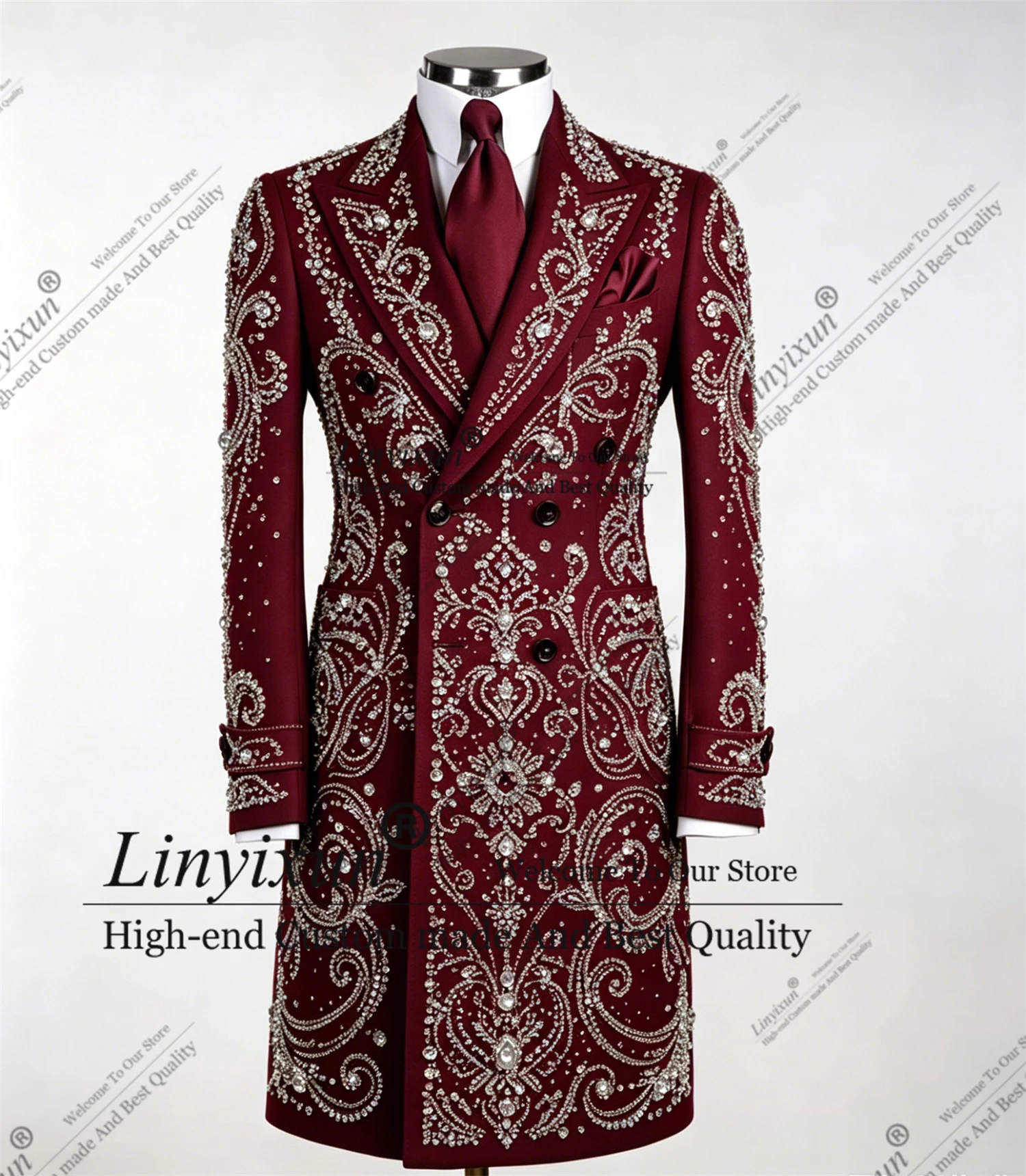 

Amazing Sophisticated Beaded Groom Wear Luxurious 1pieces Rhinestone Men's Long Coat Hot Sale Fashion Banquet Prom Formal Tuxedo