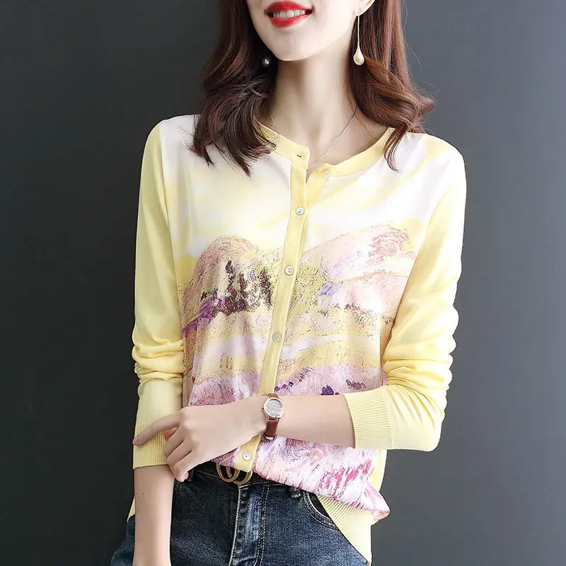 Spring and Autumn Splicing Button Loose Fitting Chinese Style Top Crew Neck Landscape Printing Knitted Cardigan Women\'s Sweater