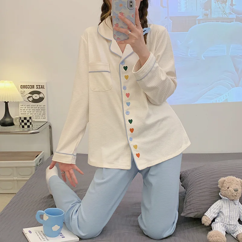 Women\'s 2 Pieces Pajamas Set Female Pyjama Cotton Pijama Women Long Sleeve Heart Shirt Pants Suit Sleepwear Homewear Nightwear