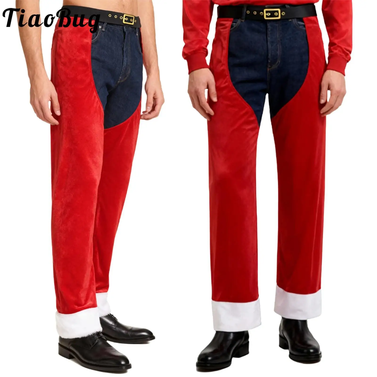 

Men Christmas Santa Claus Costume Pants Holiday Velvet Chaps Open Crotch Tassel Pants Elastic Waistband Contrast Color Trousers