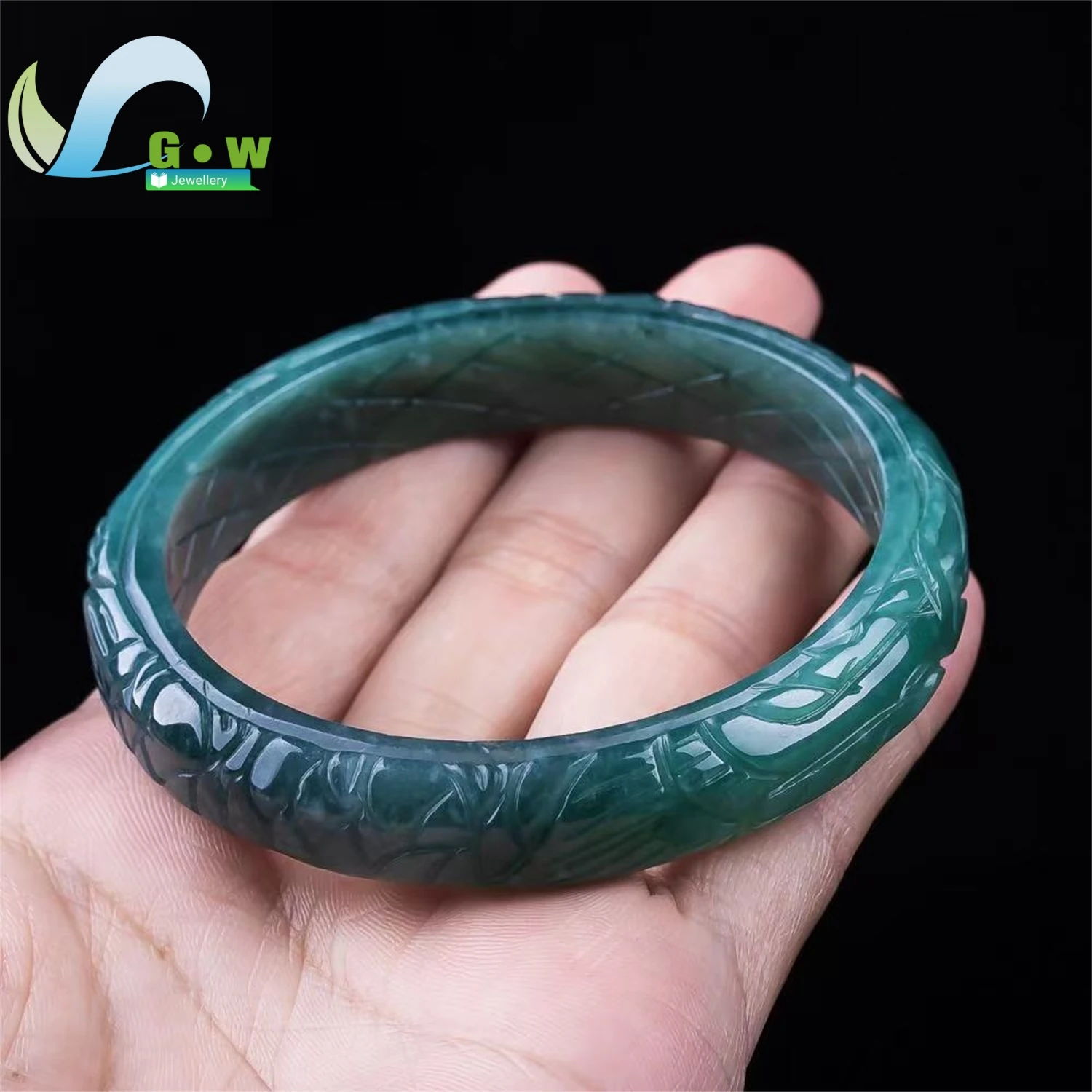 Natural A Grade Jadeite Blue Water Carved Floral Bangle Fine Jadeite Bracelet Women's Exquisite Ethnic Style Jewelry Gift