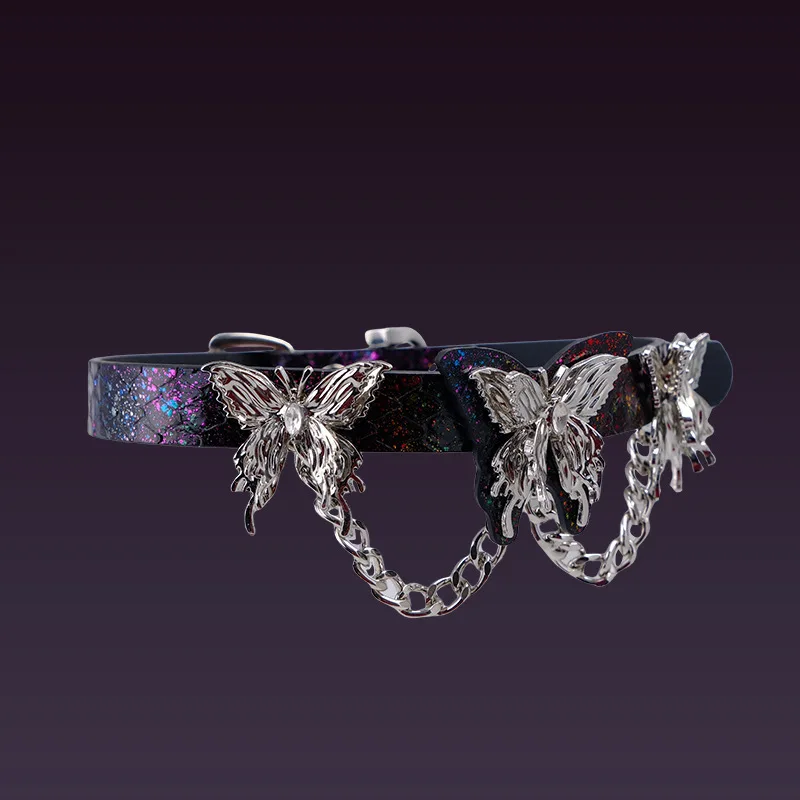 Adult Games Sparkle Glitter Butterfly Choker with Chain, Dark Academia Leather Collar, Edgy Streetwear Accessory Sex Toy