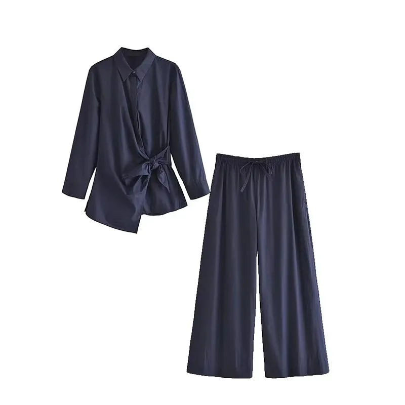 

Осень 2023, женские комплекты из 2 предметов, модные однобортные рубашки из поплина, топы + длинные брюки с высокой талией, повседневные комплекты