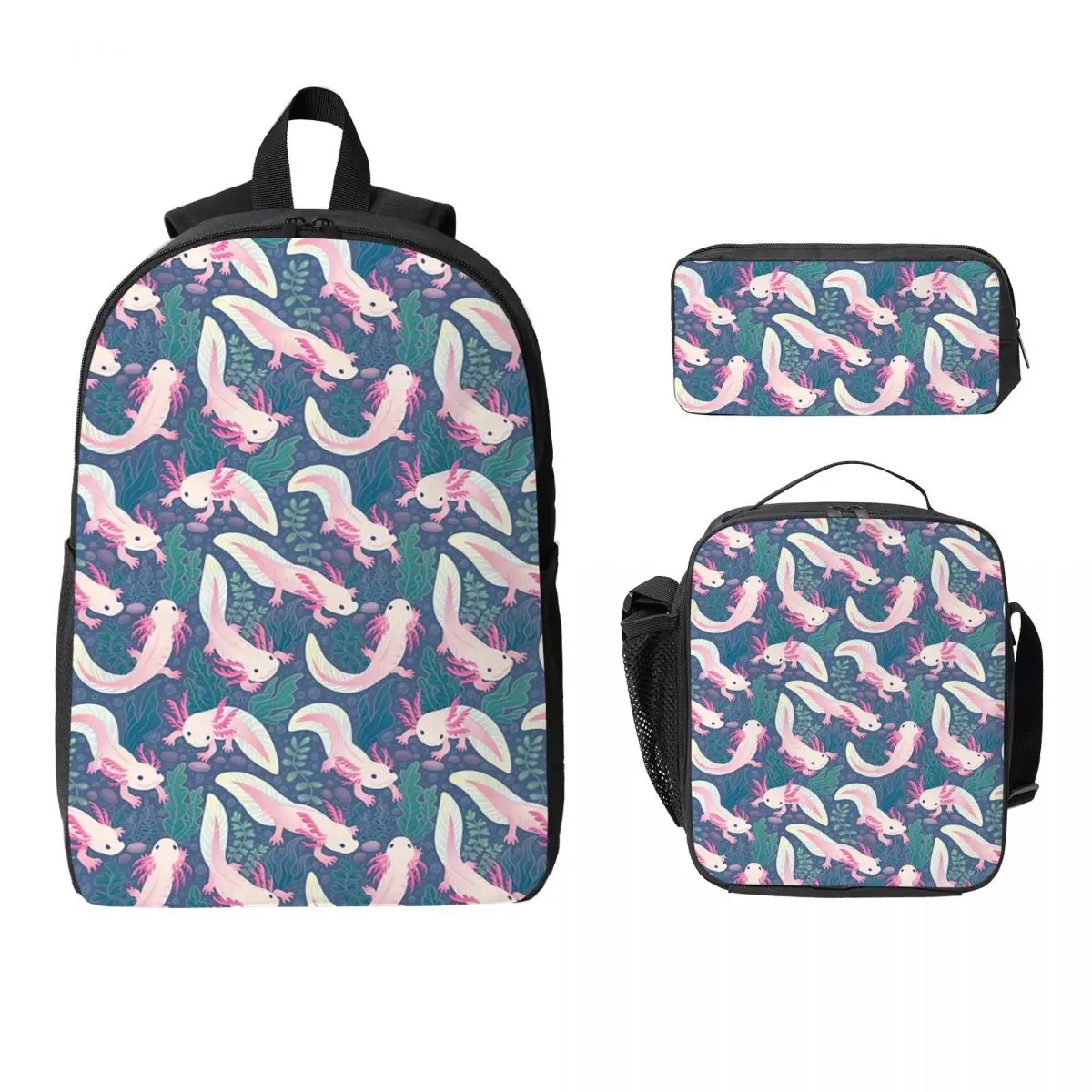 

Axolotls Backpack Student Boys Girls BookBag School Bag Computer Shoulder Bags 3ps Insulated Lunch Bag Pencil Case