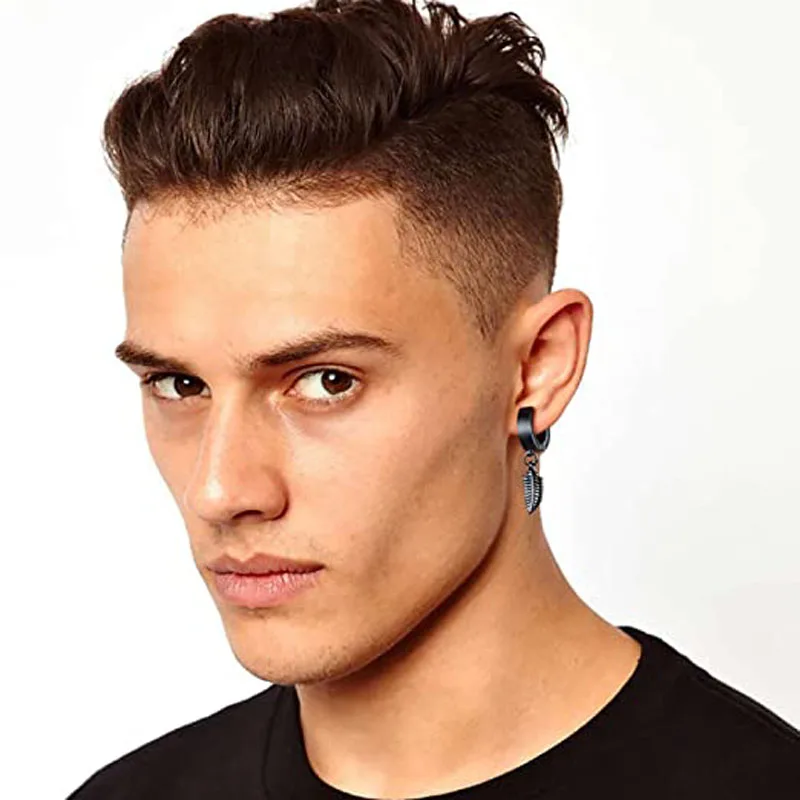 WKOUD 1-15 Pieces Clip On Earrings Set For Men Stainless Steel Black Fake Piercing Mens Hoop Non-piercing Earrings