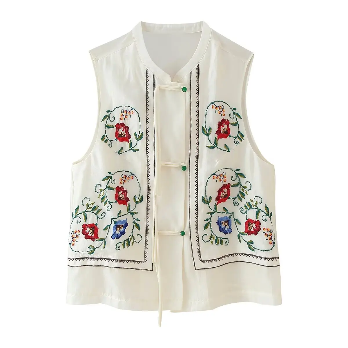 

Zevity Women Chinese Style Stand Collar Floral Embroidery Transparent Blouse Femme Chic Sleeveless Vest Shirt Blusas Tops LS9006
