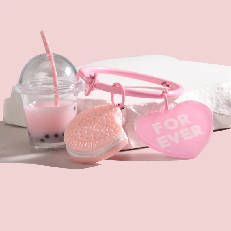 Cute  Keychains Ice-cream Bubble Tea Biscuit Pink Key Rings Friendship For Best Friend Women Girl Handbag Gift Jewelry image 4