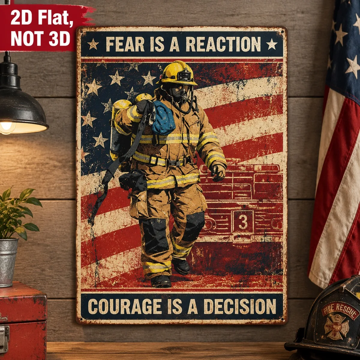 2D Flat 1pc Aluminum Firefighter Inspirational Text Theme Plaque Vintage Hanging Wall Art Decor