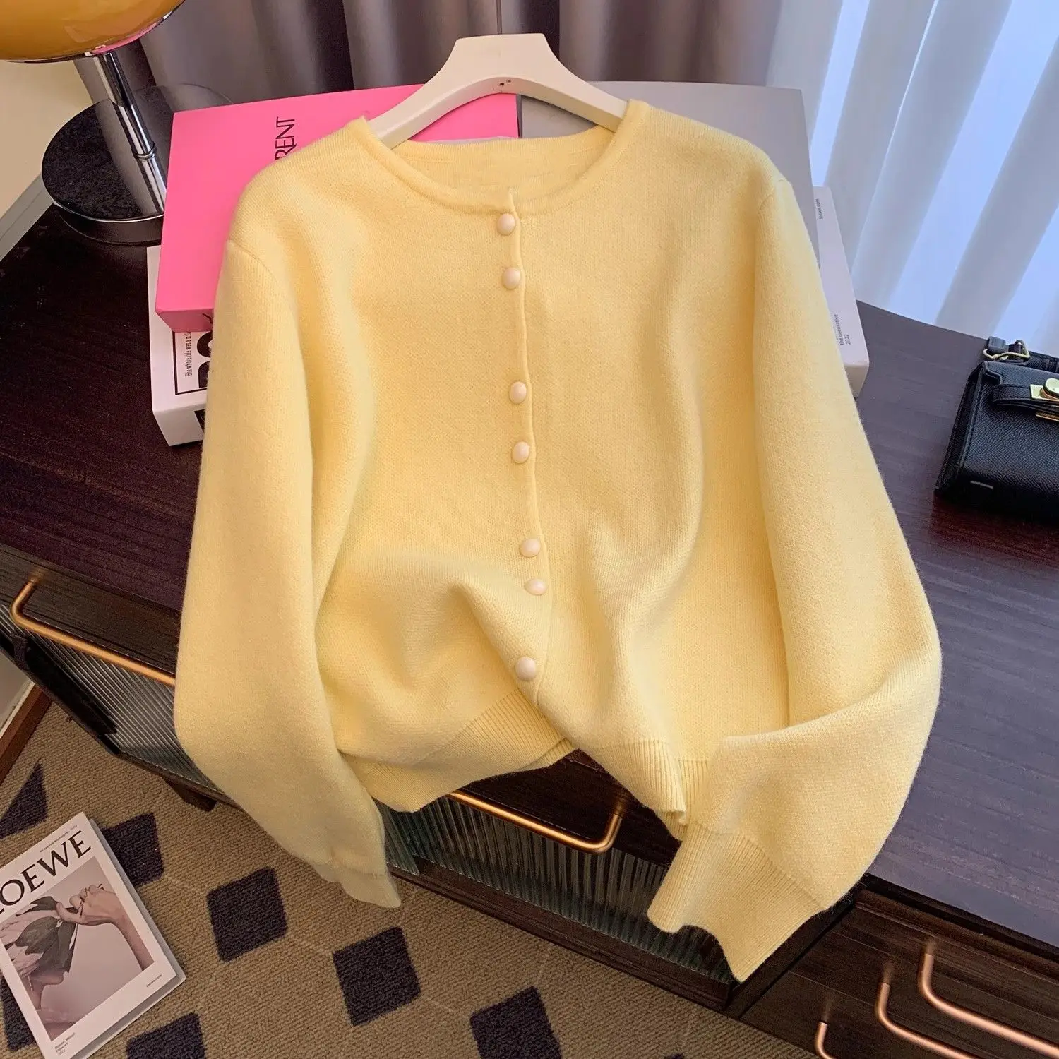 OMCHION Milky Yellow Jewel Double-breasted Knit Cardigan Women Lazy Wind Soft Knit Short Korean Style Sweater Jacket