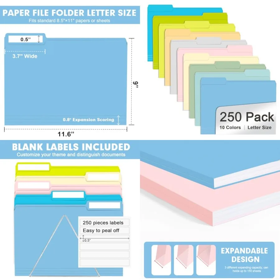 

File Folder RAZCC 250 Pack Colored File Folders 1/3 Cut Tab File Folder Letter Size Filing Folders with Tabs for Office School