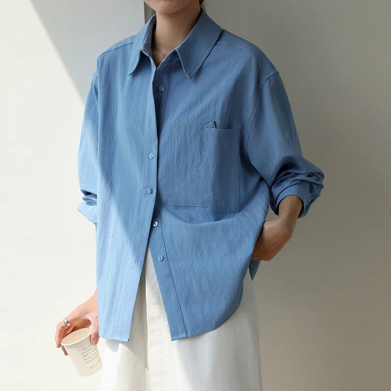 

Spring Autumn One Pocket Women's Blouses 2025 New Solid Long Sleeve Single Breasted Office Lady Casual Loose Shirts Tops Female