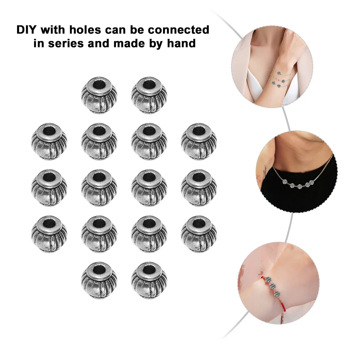 100Pcs Tibetan Silver Tone Pumpkin Lantern Beads Round Spacer Beads for DIY Bracelet Necklace Making Creative Flower Ornament