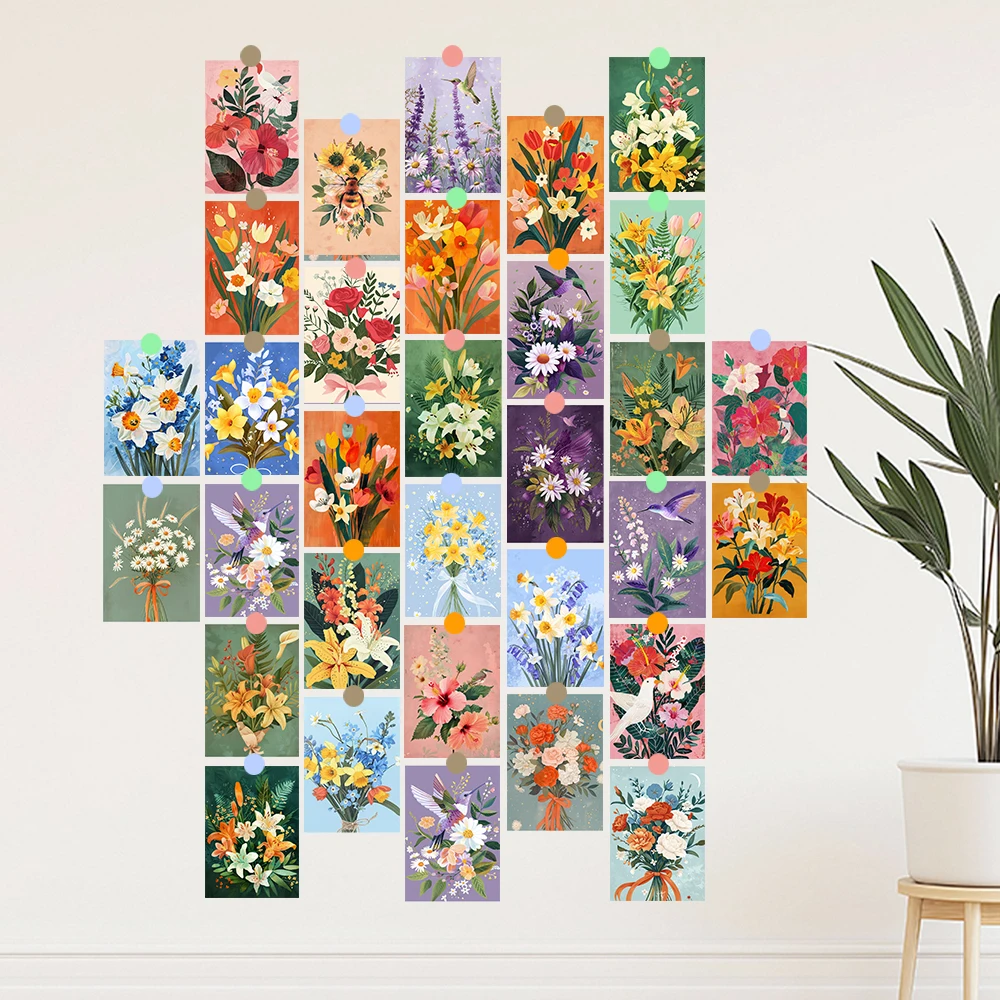 32 Stück florale Postkarten, Kunstdruck-Pflanzenkarten, Weihnachtsgeschenk für Studenten, Schlafzimmerdekoration, Tagebuchaufkleber, Sammlerstück – Detail 2