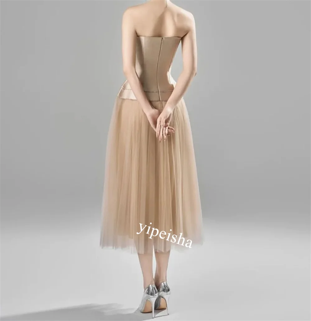 Saudi Arabia Satin Pleat A-line Strapless Bespoke Occasion Gown Midi Es    Dresses