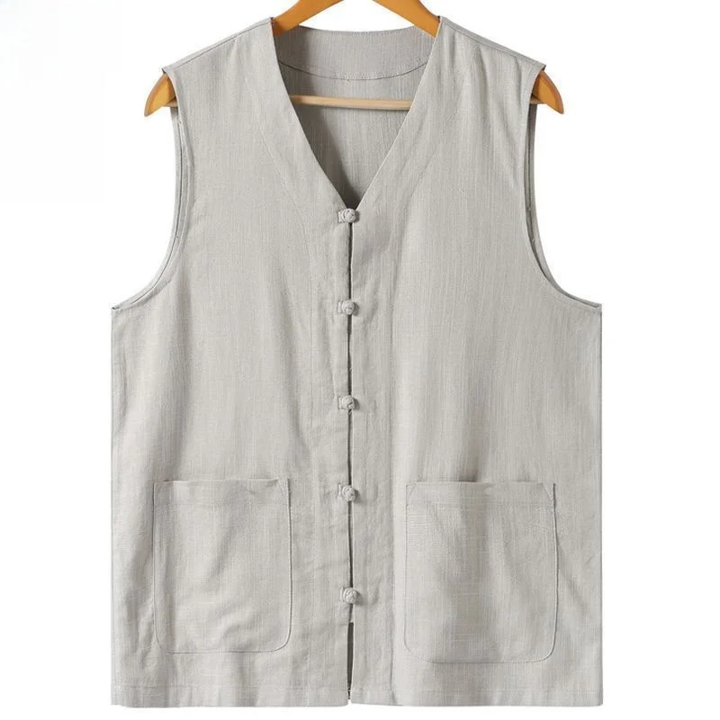 Lightweight Cotton Linen Vest for Men Middle-Aged And Elderly V-Neck Large Size Linen Maomao Tang Costume Slim Fit Style