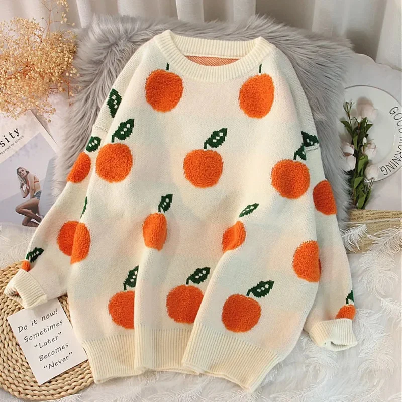 

Orange Sweater Women Autumn Winter Korea Version Fruit Jacquard Embroidery Sweater Loose Round Neck Pullover Knitted Sweater Top