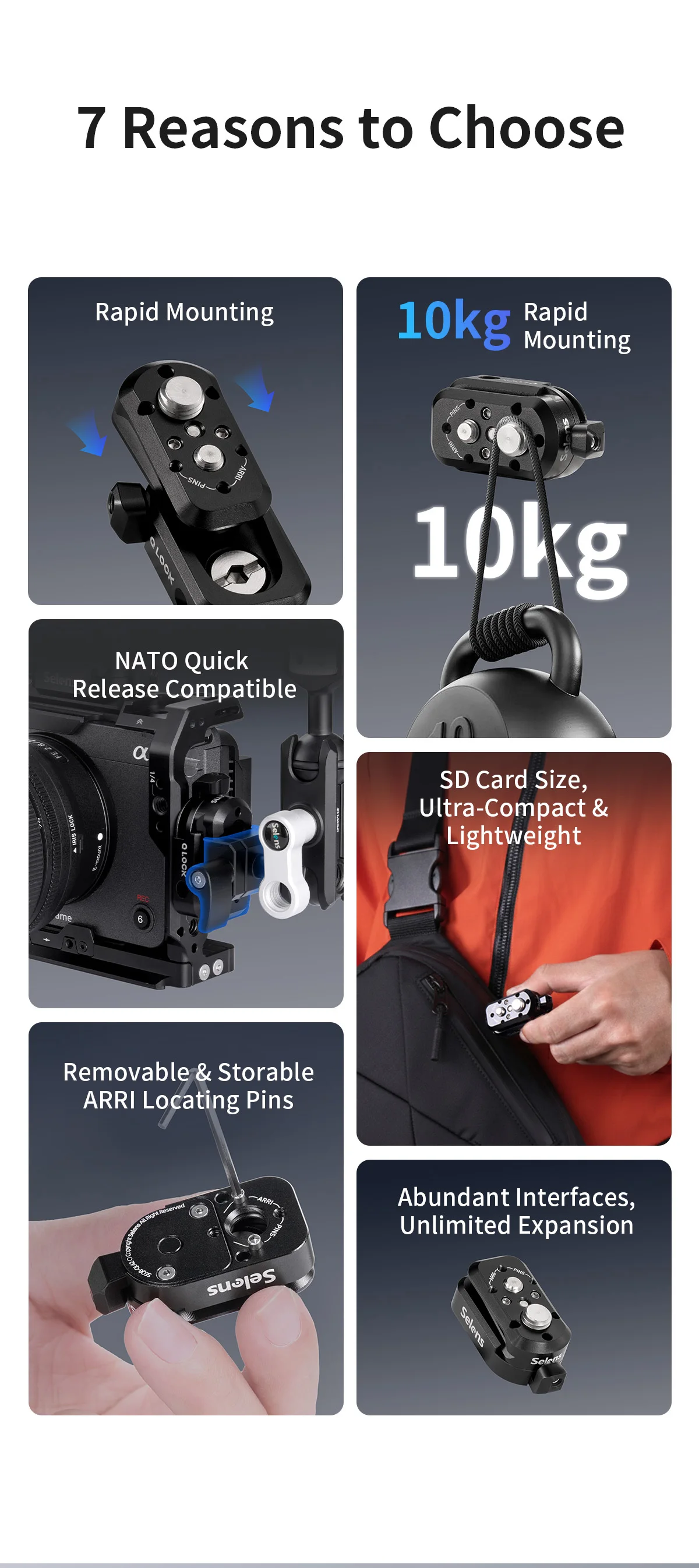 Selens Alu-Legierung Q-Lock Mini Schnellmontage-Kit mit mehreren 1/4-, 3/8- und ARRI-Positionierungslöchern für NATO-Verlängerungen an Käfigen, Magic Arm – Detail 2