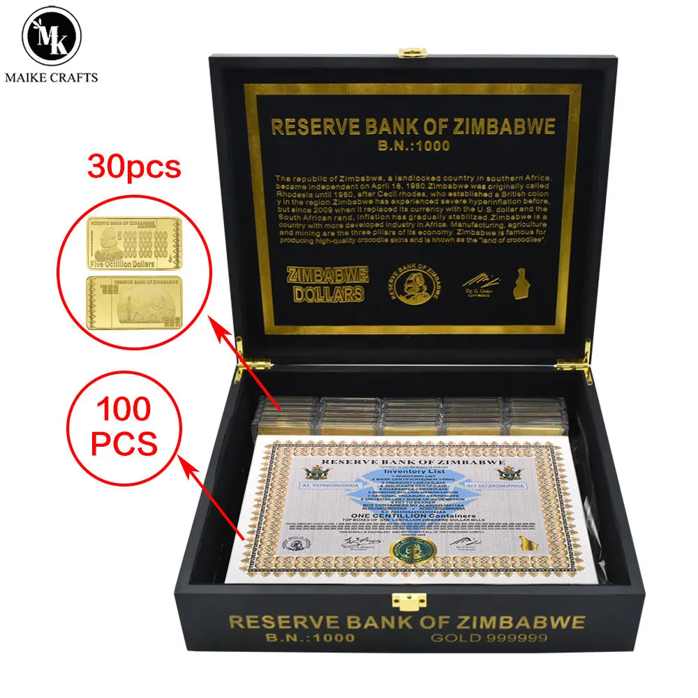 100pcs/box 2022 Latest ZIMBABWE Banknotes ONE Centillion Containers Certificate Commemorative Coupons Serial Number Paper Money