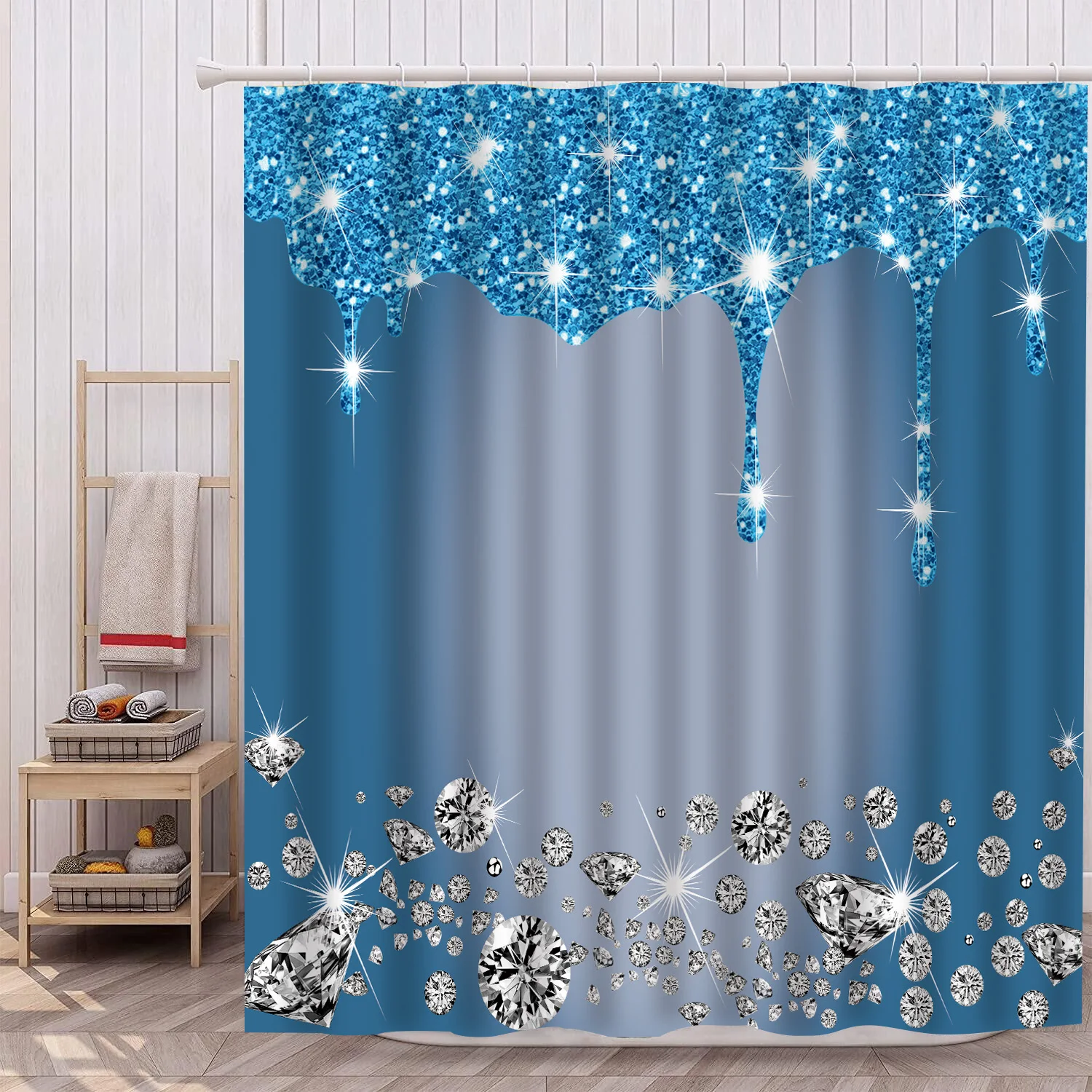 1Pc sparkling diamond waterproof shower curtain, elegant luxurious bathroom decor, with 12 plastic hooks