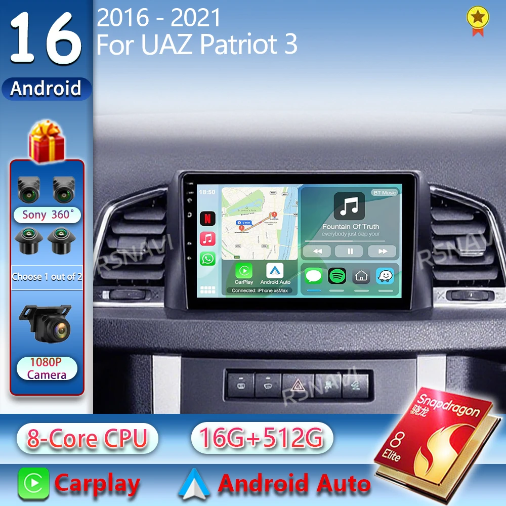 Android 16 Carplay Auto Car Radio For UAZ Patriot 3 2016 - 2021 Navigation GPS Multimedia Player video Stereo wifi+4G 360 Camera
