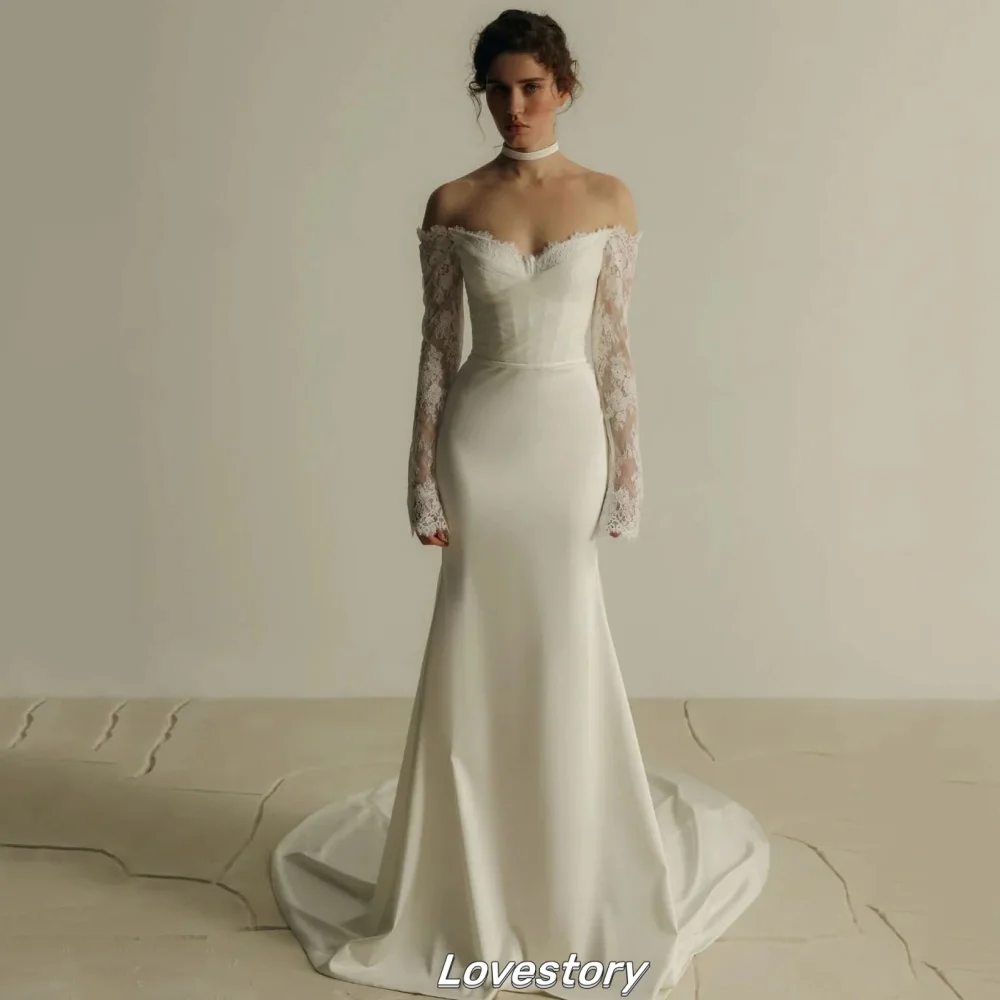 

Customized Elegant V Neck Wedding Dresses Lace Off the Shoulder Mermaid Bridal Gowns Lace Up Bride Robe vestido de novia