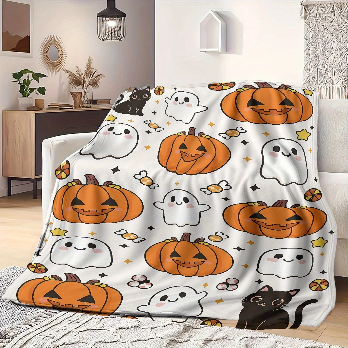 Halloween Cute Ghost Pumpkin Black Cat Element Print Flannel Blanket Suitable for Bed Sofa Office and More Soft Warm Halloween