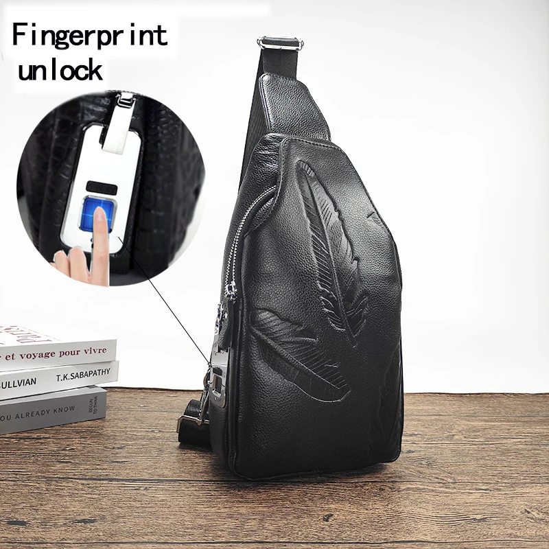 100% Cowhide Leather Men Crocodile Grain Fashion Black Multifunctional Leather Chest Bag
