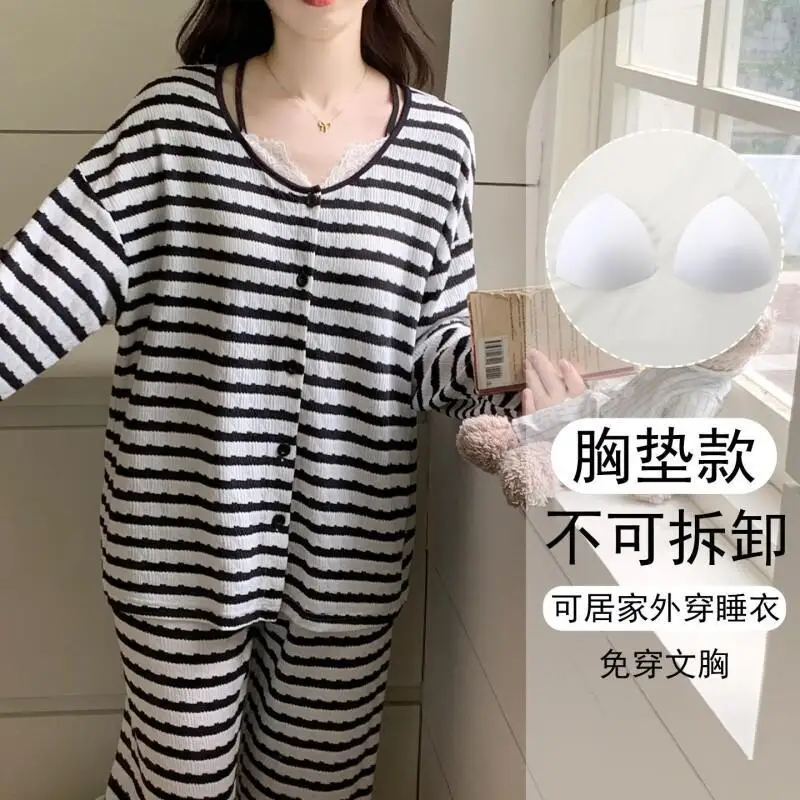 Primavera outono pijamas femininos versão coreana listra confortável pijamas mangas compridas terno solto conjunto de pijama cardigan homewear ﻿