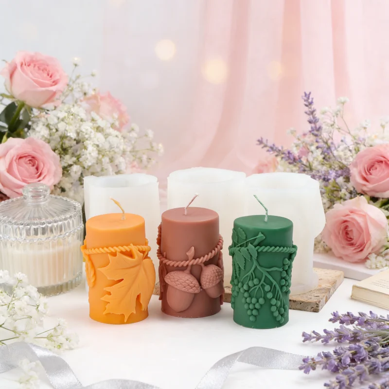 3D Silicone Candle Molds Relief Maple Leaf/Grape/Pinecone Patterns Pillar Mold DIY Aromatherapy Candles Autumn/Winter Vibe Decor