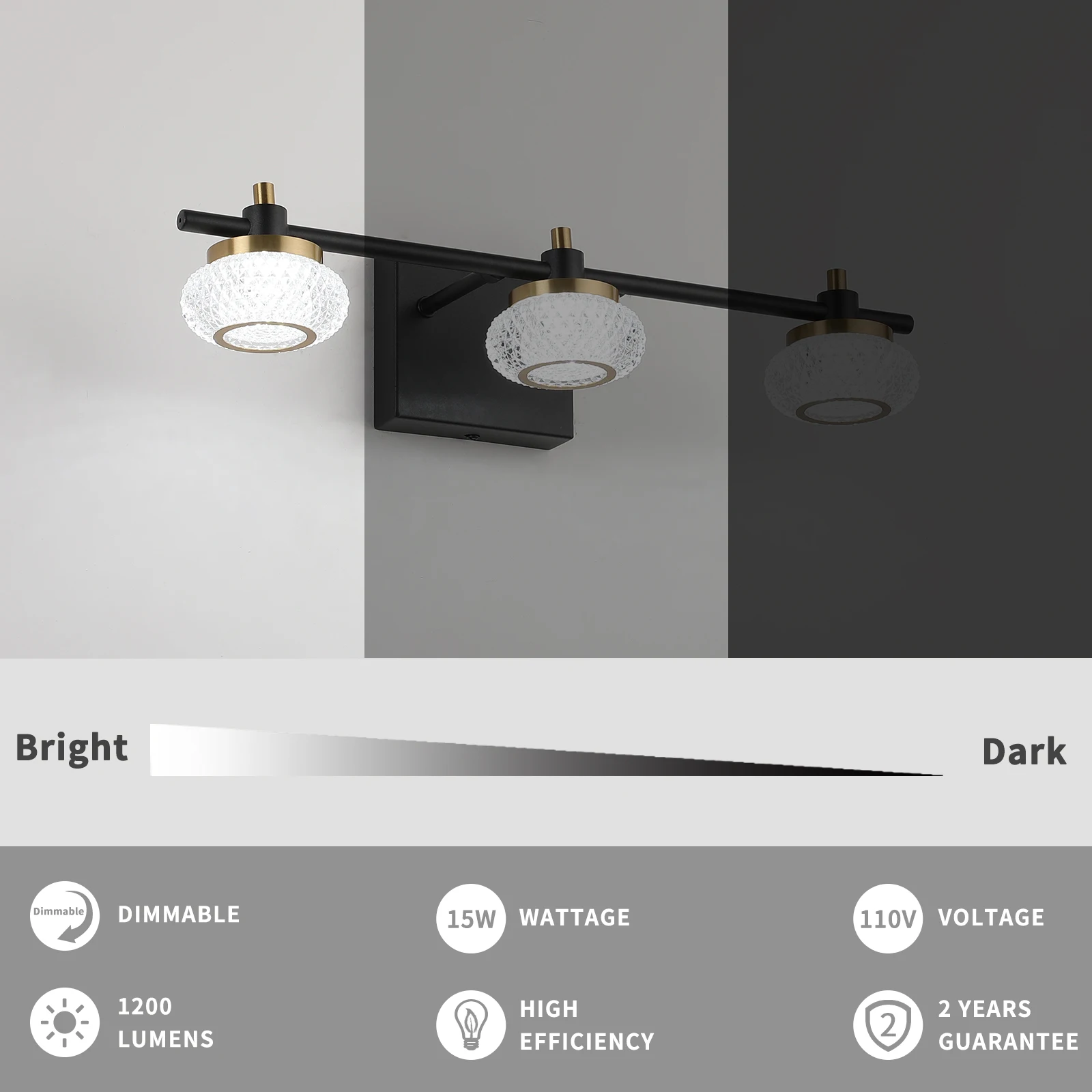 19in 3-Light Black and Gold LED Dimmable Vanity Light Bathroom Wall Light Fixture over Mirror with Clear Acrylic Shade