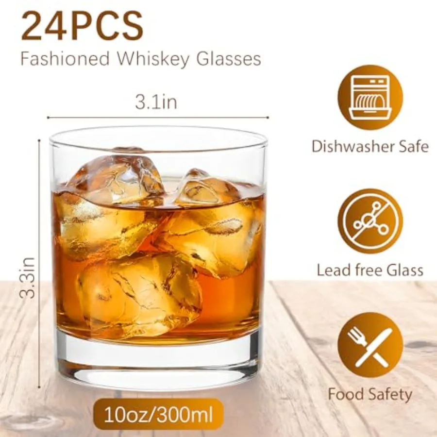 24PCS 10OZ Old Fashioned Glass Set for Bar Use, Thick Heavy Base Rocks Glasses, Clear Glass, Durable Stackable