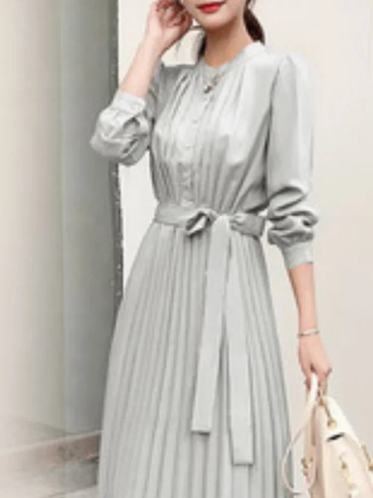 เดรสยาวใหม่สำหรับฤดูร้อน แขนยาว ทรงเข้ารูป ช่วยกระชับเอว ผูกเชือก คอเสื้อเชิ้ต ดีไซน์หรูหรา กระโปรงจีบสไตล์วินเทจ